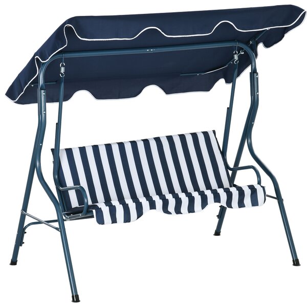 Outsunny Waterproof 3 Seater Garden Swing Seat Chair Outdoor Bench with Adjustable Canopy and Metal Frame, Blue Stripes Aosom UK