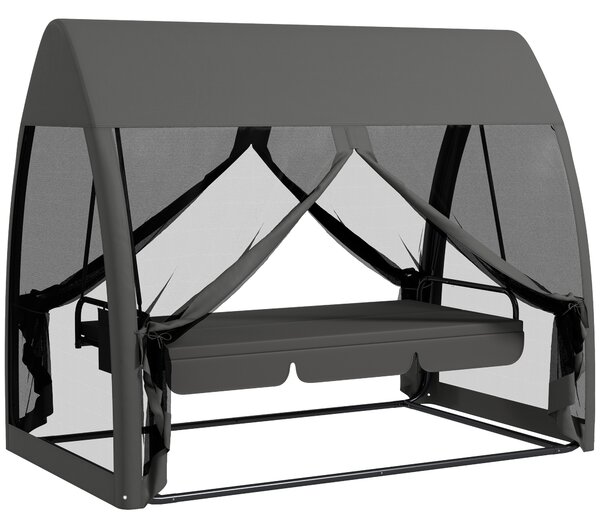 Outsunny 3 Seater Swing Chair 2 in 1 Garden Swing Seat Bed Convertible Outdoor Rocking Bench Bed with Water-Resistant Roof, Zipped Door and Mosquito Netting, Grey