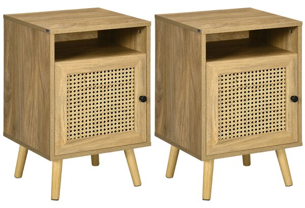 HOMCOM Bedside Table with Rattan Element, Side End Table with Shelf and Cupboard, 39cmx35cmx60cm, Set of 2, Natural