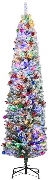 HOMCOM 7' Artificial Prelit Christmas Trees Holiday Décor with Colourful LED Lights, Flocked Tips, Berry, Pine Cone Aosom UK