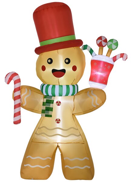 HOMCOM 7.5FT Christmas Inflatable Gingerbread Man with Candy Cane and LED Lights, Blow-Up Outdoor LED Garden Display for Lawn, Party