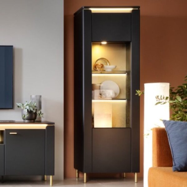 Gaffney LED Wooden Display Cabinet 1 Door in Matt Black Gold