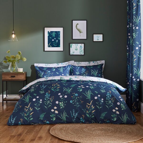 Garden Botanical Navy Duvet Cover and Pillowcase Set Navy (Blue)