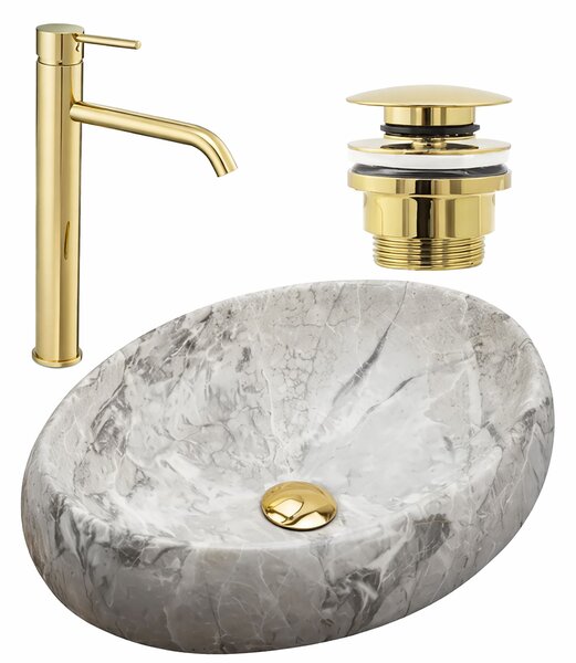 Set Countertop washbasin Linda stone + Bathroom faucet Lungo gold + Plug uniwersalny gold
