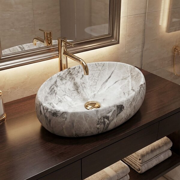 Set Countertop washbasin Linda stone + Bathroom faucet Lungo gold + Plug uniwersalny gold