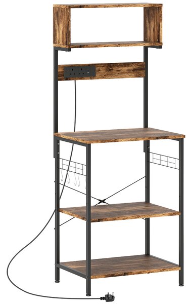 HOMCOM Bakers Rack with Power Outlet, USB Charger, Microwave Stand with Adjustable Shelves, 5 Hooks for Small Spaces, Kitchen Storage Unit for Spices, Pots and Pans, Rustic Brown