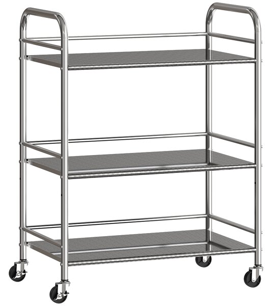 HOMCOM 3 Tier Stainless Steel Kitchen Storage Trolley with Adjustable Shelf - Silver