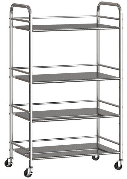 HOMCOM 4 Tier Stainless Steel Kitchen Storage Trolley with Adjustable Shelves - Silver