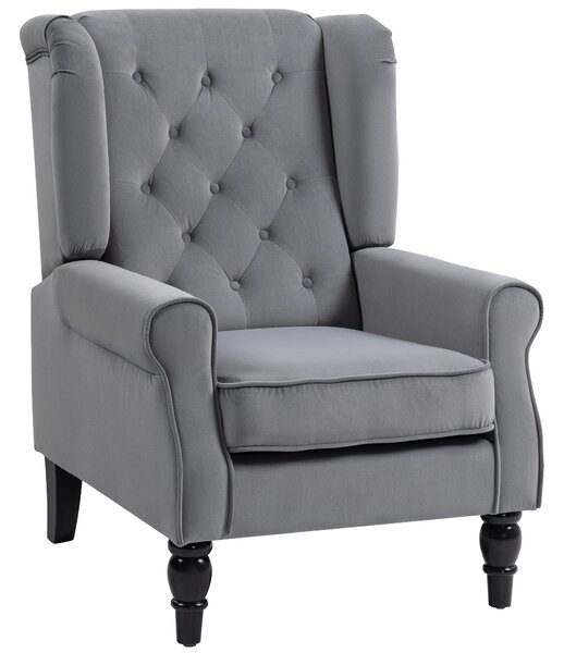 HOMCOM Wingback Accent Chair, Retro Upholstered Button Tufted Occasional Chair for Living Room and Bedroom, Light Grey