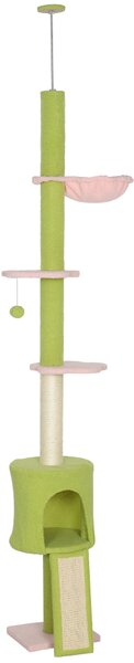 PawHut 220-240 cm Floor to Ceiling Cat Tree Adjustable Height with Hammock, Condo, Scratching Posts, Green