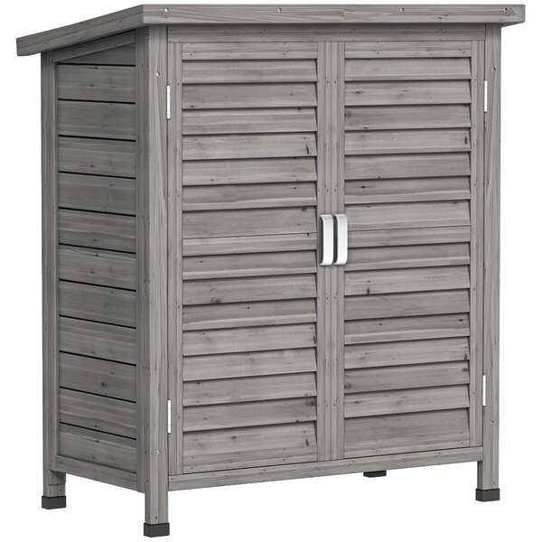 Outsunny Garden Shed Wooden Garden Storage Shed 2 Door Unit Solid Fir Wood Garage Tool Organisation Cabinet, 87L x 46.5W x 96.5Hcm, Grey Aosom UK