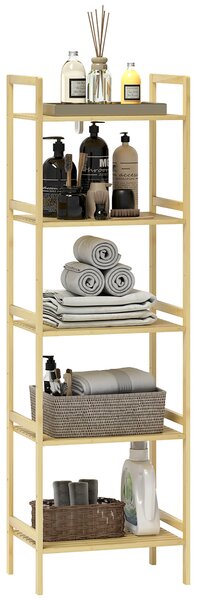HOMCOM 5-Tier Bamboo Bathroom Storage Shelf, Freestanding Shelving Unit with Adjustable Rack for Kitchen Bathroom Living Room, Natural Wood Finish