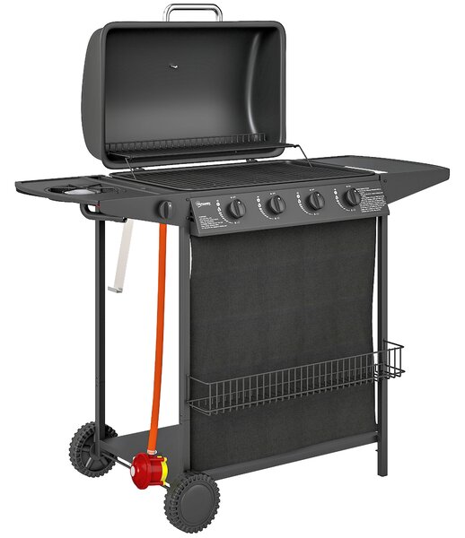 Outsunny 4+1 Burner Gas BBQ Grill, Portable Gas Barbecue Grill with Built-in Thermometer, Lid, Side Table, Shelf, Spice Rack, Wheels, Grease Cup for Garden Party Outdoor Cooking, Black