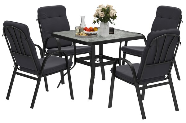 Outsunny 5 Pieces Outdoor Square Garden Dining Set w/ Tempered Glass Dining Table 4 Cushioned Armchairs, Umbrella Hole, Black