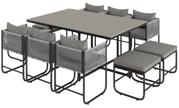 Outsunny 10 Seater Rattan Cube Garden Furniture Set, Rattan Dining Set with Cushions, Outdoor Dining Table and Chairs with 6 Armchairs, 4 Stools, Rectangular Wood Grain Plastic Top Table, Grey