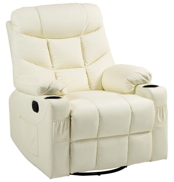 HOMCOM Manual Reclining Chair, Recliner Armchair with Swivel, Faux Leather, Footrest, Cup Holders, 86x93x102cm, Cream