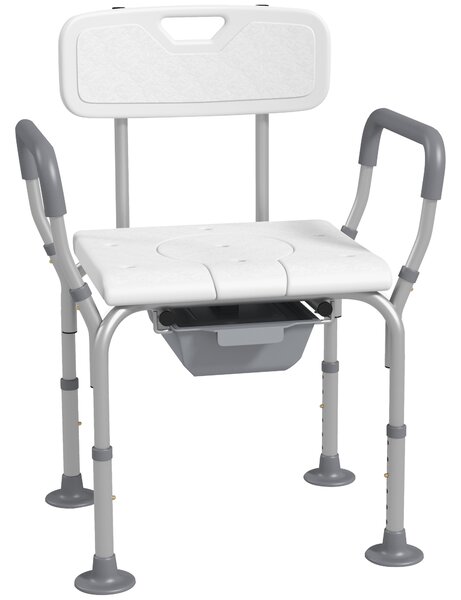 HOMCOM Height Adjustable Shower Stool with Arms and Back, Non-Slip Bedside Commode with Detachable Bucket for Elderly, White Aosom UK