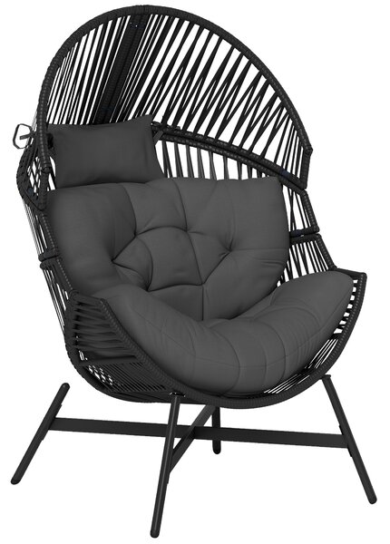 Outsunny Standing Rattan Egg Chair Outdoor, Oversized Wicker Garden Egg Chair with Thick Tufted Cushion, Headrest, Steel Frame, Charcoal Grey