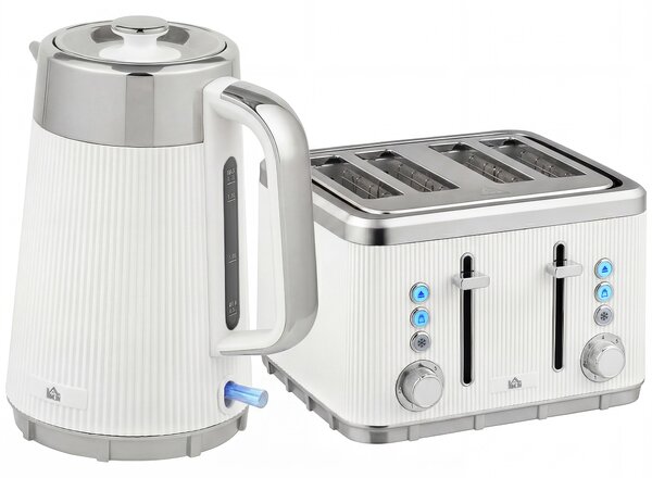 HOMCOM Electric Kettle and Toaster Set, 3000W 1.7L UK Strix Thermostat Rapid Boil Jug Kettle with Limescale Filter, Cool Touch Body, 4 Slice Toaster with 7 Browning Controls, Crumb Tray, White