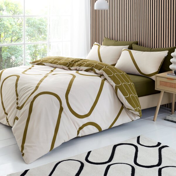 Catherine Lansfield Linear Curve Geometric Reversible Duvet Cover Bedding Set Olive Green