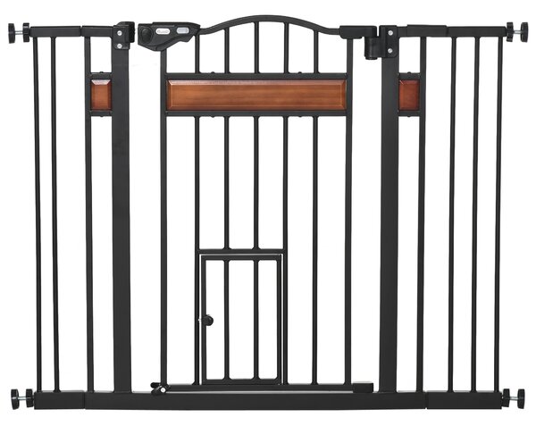 PawHut Dog Gate with Cat Flap Pet Safety Gate, Auto Close Double Locking Pine Wood Decoration, for Doorways Stairs, 74-105 cm Wide, Black Aosom UK