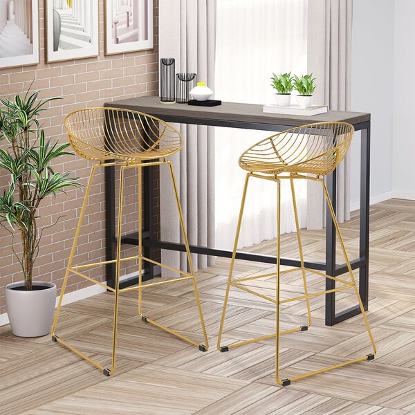 HOMCOM Set of 2 Bar Stools, Metal Wire Bar Chairs, Modern Iron High Stool for Kitchen, Pub Chair with Backrest, Footrest, Steel Frame, Gold