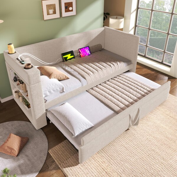 3ft Upholstered Daybed With Cup Holders, 3 USB and Type‑C Charging Ports, Single Sofa Bed for Compact Room, 207L x 98W x 74H cm, Beige Aosom UK