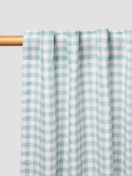 Warm Blue Gingham Linen Blend Curtains (Pair) | Short | Piglet in Bed