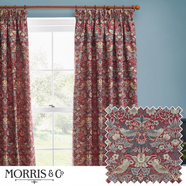 Morris & Co. Strawberry Thief Jacquard Floral Ready Made Pencil Pleat Curtains Berry