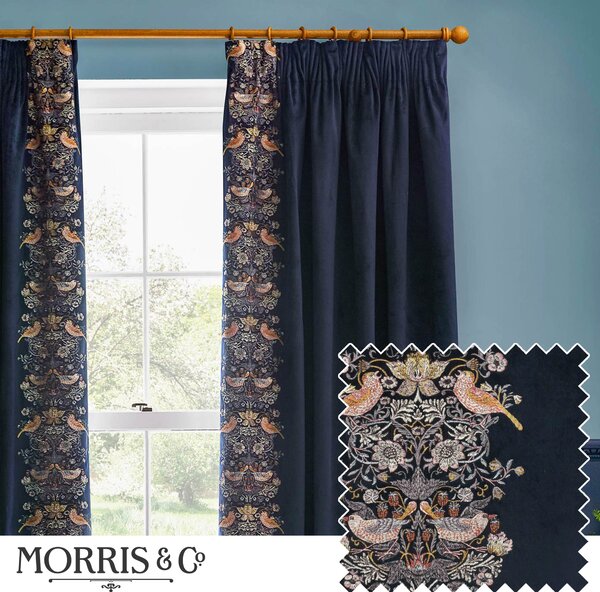 Morris & Co. Strawberry Thief Embroidered Velvet Ready Made Pencil Pleat Curtains Indigo