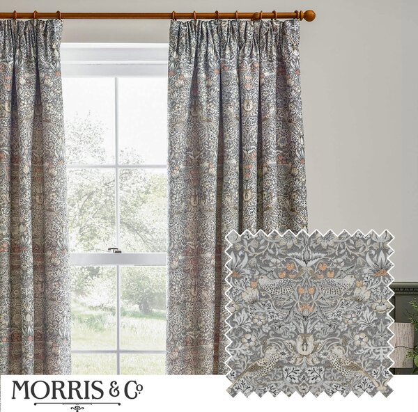 Morris & Co. Strawberry Thief Jacquard Floral Ready Made Pencil Pleat Curtains Biscuit