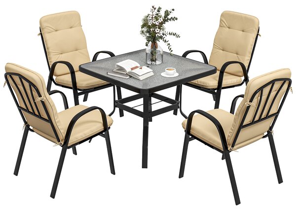 Outsunny 5 Pieces Outdoor Square Garden Dining Set w/ Tempered Glass Dining Table 4 Cushioned Armchairs, Umbrella Hole, Beige