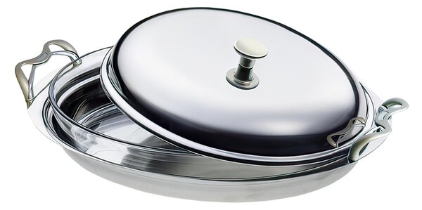 Oval vegetable dish ALEX 41 cm in Polished Stainless Steel with Stainless Steel Lid and Burnished Handles, Does Not Include an Internal Casserole Dish