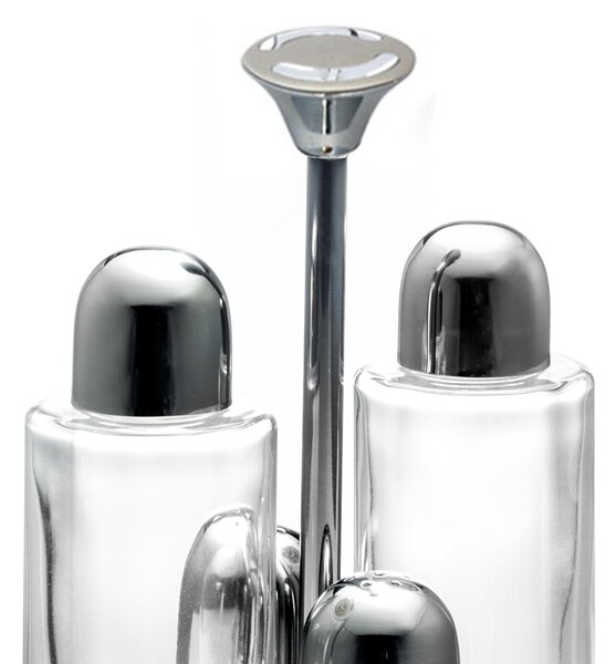 Oval ALEX Cutlery Set for Oil, Vinegar, Salt, and Pepper in Polished Steel with Crystal Glass Bottles