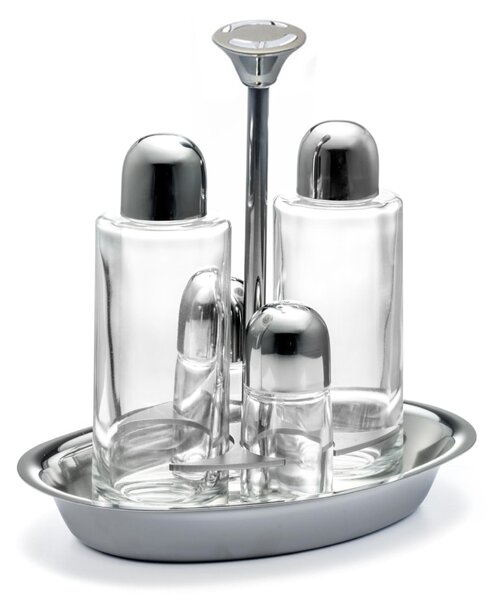 Oval ALEX Cutlery Set for Oil, Vinegar, Salt, and Pepper in Polished Steel with Crystal Glass Bottles