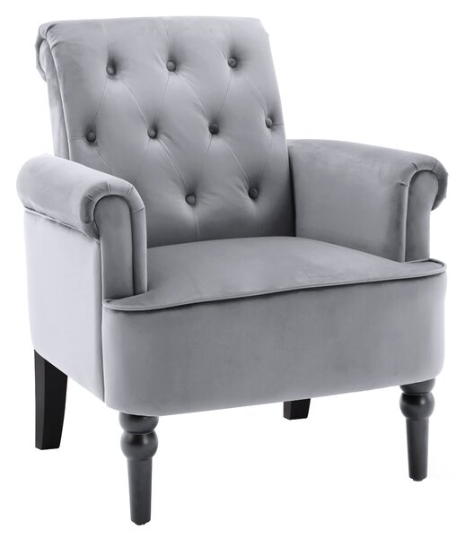 Button Tufted Upholstered High Back Retro Accent Chair with Arms, Solid Wood Legs for Living Room, Bedroom, 69x74x86 cm, Grey