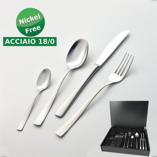 24-Piece Cutlery Set in Wooden Case Alfa Satinata 18/0 Nickel Free, (Stainless Steel 18/0) Nickel Free, 2 mm Thickness