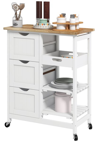 HOMCOM Rolling Kitchen Island Cart, Bar Serving Cart, Compact Trolley on Wheels with Wood Top, Shelves & Drawers for Home Dining, White Aosom UK