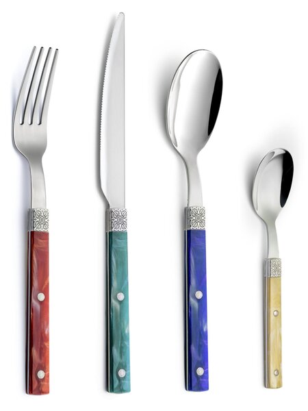 Colourful Cutlery Set 24 Pieces BOHEME Stainless Steel 18/10 Acrylic Handle 6 Knives 6 Forks 6 Spoons 6 Coffee Spoons (Mixed Colour 24 Pieces)