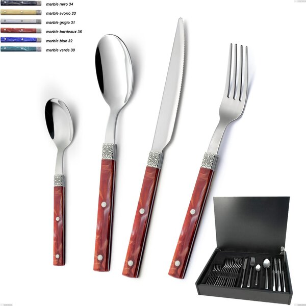 24-Piece Boheme Cutlery Set in Wooden Box, Stainless Steel (Aisi 304) with Engraved Ring and Classic Decor Silver Finish