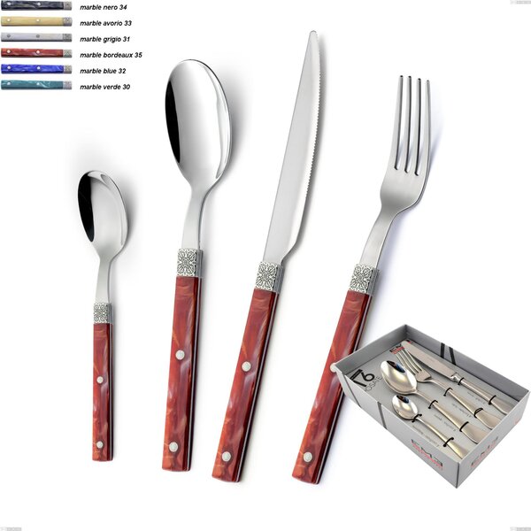 16-Piece Boheme Cutlery Set in Display Case, Stainless Steel (Aisi 304) with Engraved Ring and Classic Decor Silver Finish