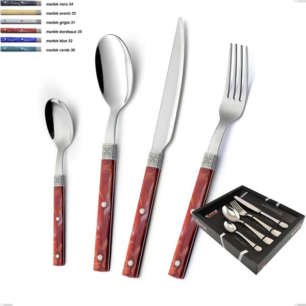 24-Piece Boheme Cutlery Set in Display Case, Stainless Steel (Aisi 304) with Engraved Ring and Classic Decor Silver Finish