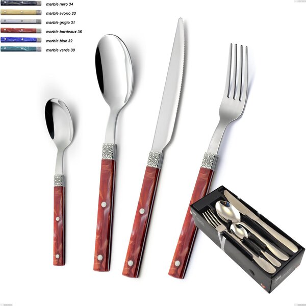 24-Piece Boheme Cutlery Set in Space-Saving Packaging, Stainless Steel (Aisi 304) with Engraved Ring and Classic Decor, Silver Finish