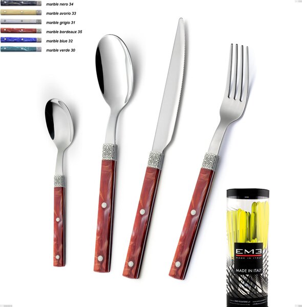 24-Piece Boheme Cylinder Cutlery Set, Stainless Steel (Aisi 304) with Engraved Ring and Classic Decor in Silver Finish