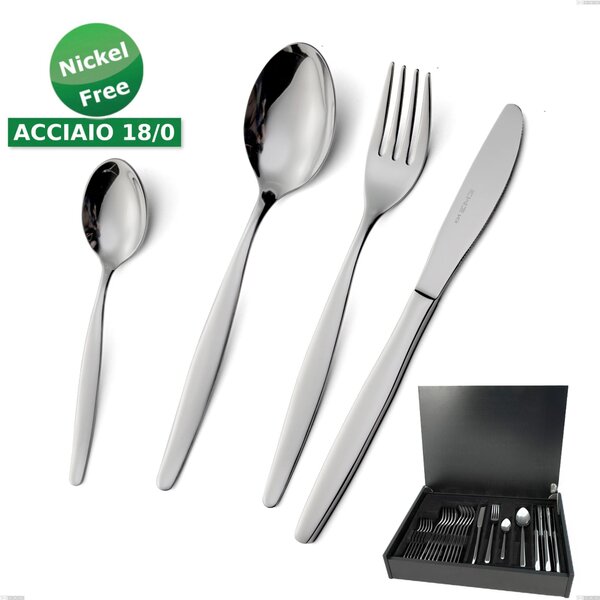 24 Piece Cutlery Set in Wooden Case by Beme Stainless Steel 18/O (ASI 430) Nickel Free, 2 mm Thickness, Polished Chrome Finish