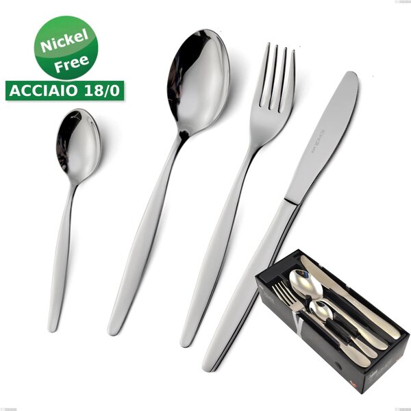 24 Piece Beme 18/0 Nickel-Free Stainless Steel Cutlery Set in Space-Saving Packaging Beme 18/0 Stainless Steel (ASI 430) Nickel-Free, 2 mm Thick, Shiny Chrome Finish