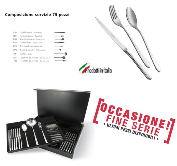 MONICA 75-Piece Cutlery Set in 18/10 Mirror-Polished Stainless Steel with Wooden Case