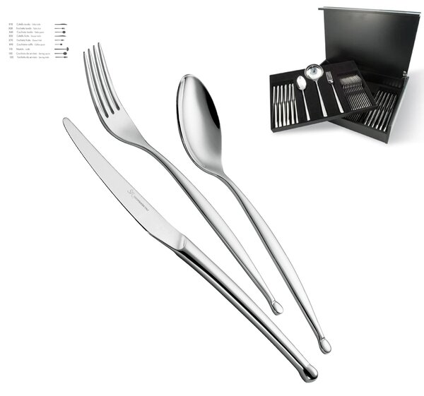 Cutlery Set 75 Pieces 12 Place Settings PUNTO 3 mm in 18/10 Stainless Steel Mirror Polished in Wooden Case