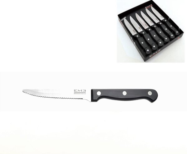 Rodeo Rounded Tip Steak Knife 6-Piece Set in Gift Box, Made of 18/10 Stainless Steel, 217 mm Length, Satin Finish, Very Sharp, Dishwasher Safe, Made in Italy