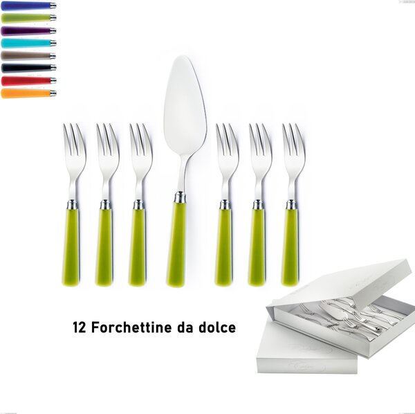 Set of 13 Dessert Cutlery, Small Forks and Dessert Spatula Candy Eme in Book-style Case, Polished 18/10 AISI 304 Stainless Steel with Acrylic Handle